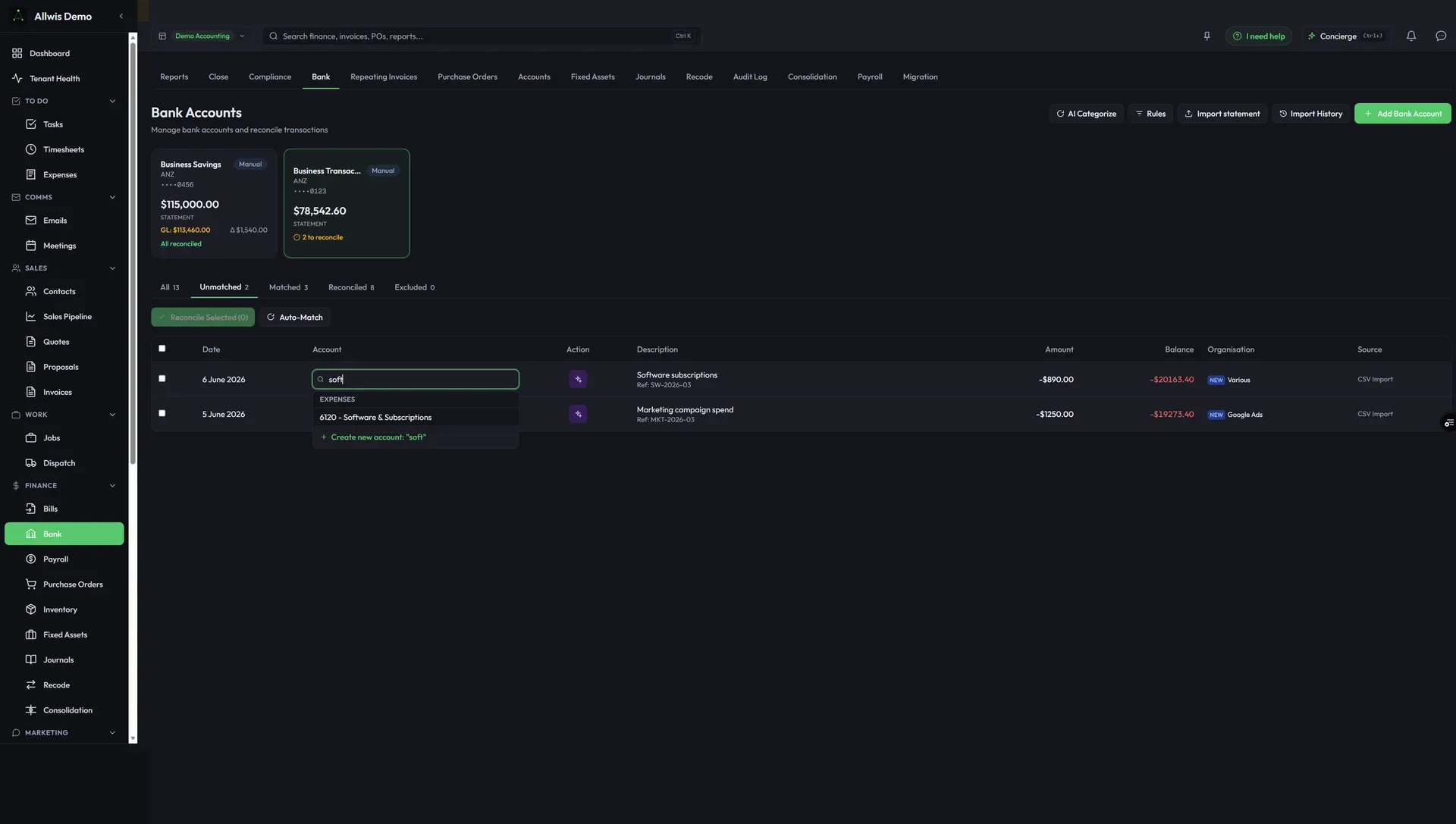 Bank reconciliation with AI-suggested matches